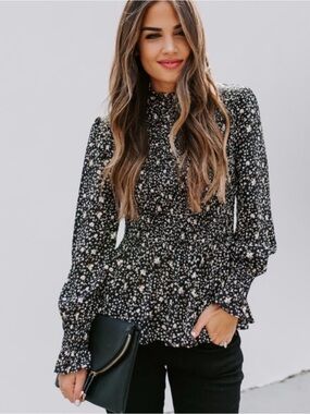 VICI Black & White Floral Smocked Peplum Blouse - Mock Neck